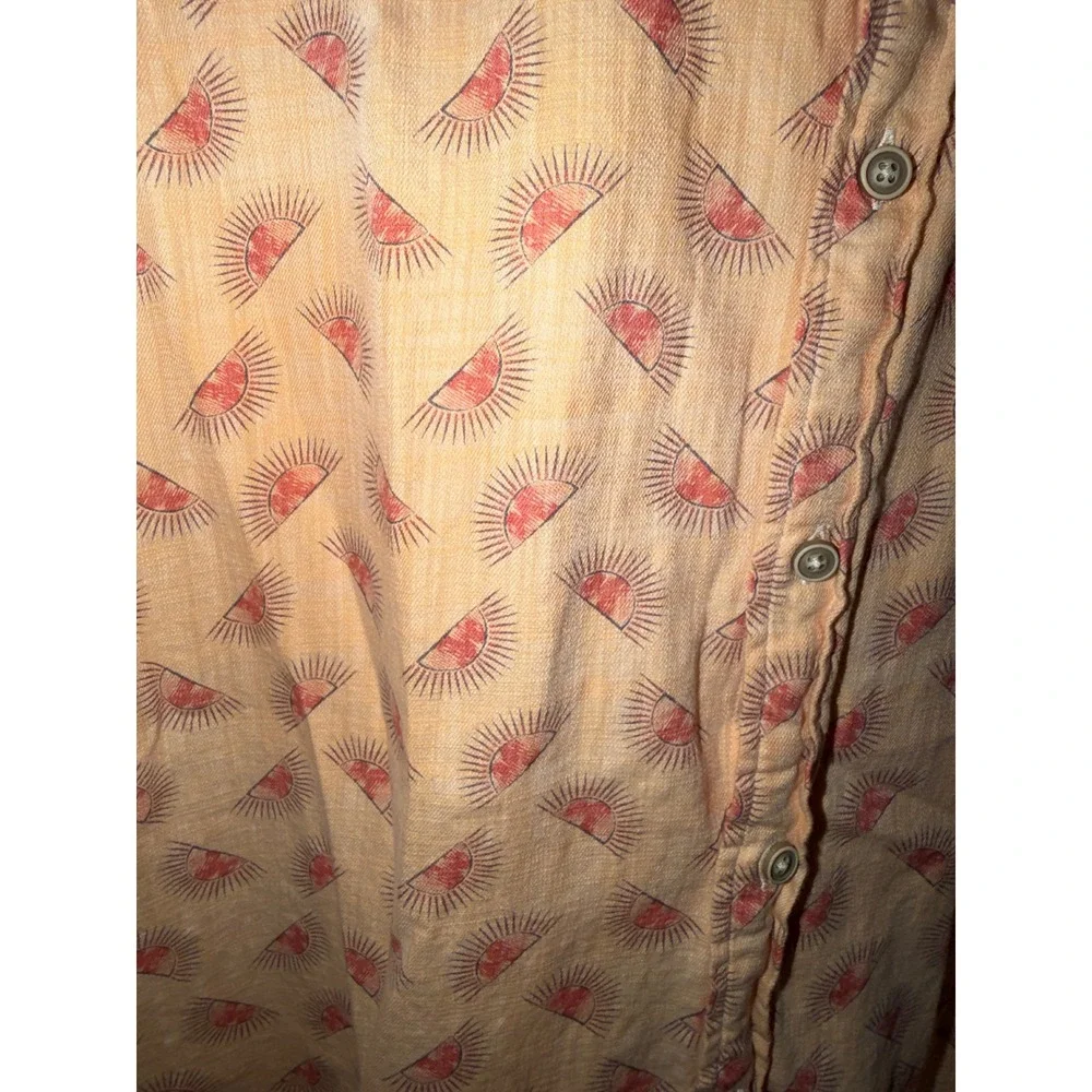 ROWM Mens XL Peach Rising Sun Print Short Sleeve Button Down Shirt Slub Texture
